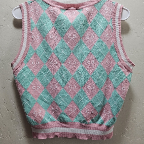 Böhme soft sweater vest bright teal and pink checkers with bows - Picture 2 of 6